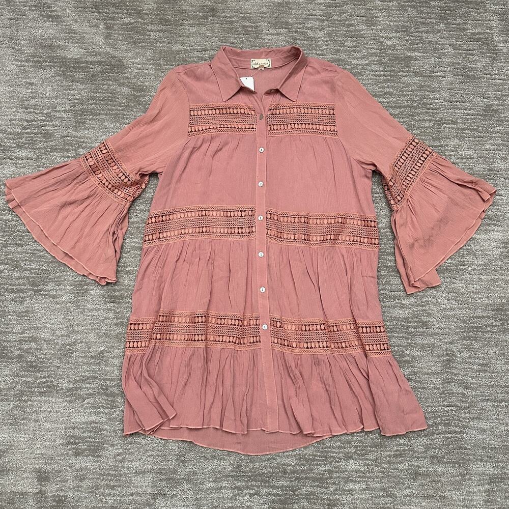 Cloth & Portrait Tunic Womens Large Crochet Boho Western Bell Sleeve Shirt Top